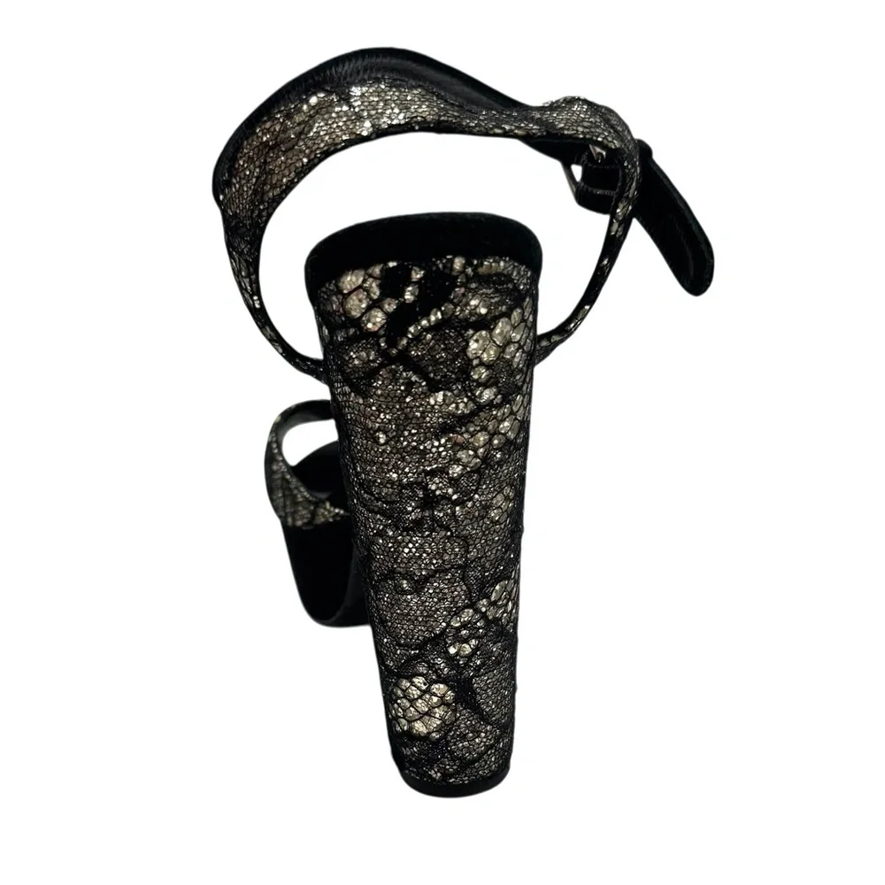 KURT GEIGER BLACK LACE OVER SILVER GLITTER PLATFORM HEELED SANDALS